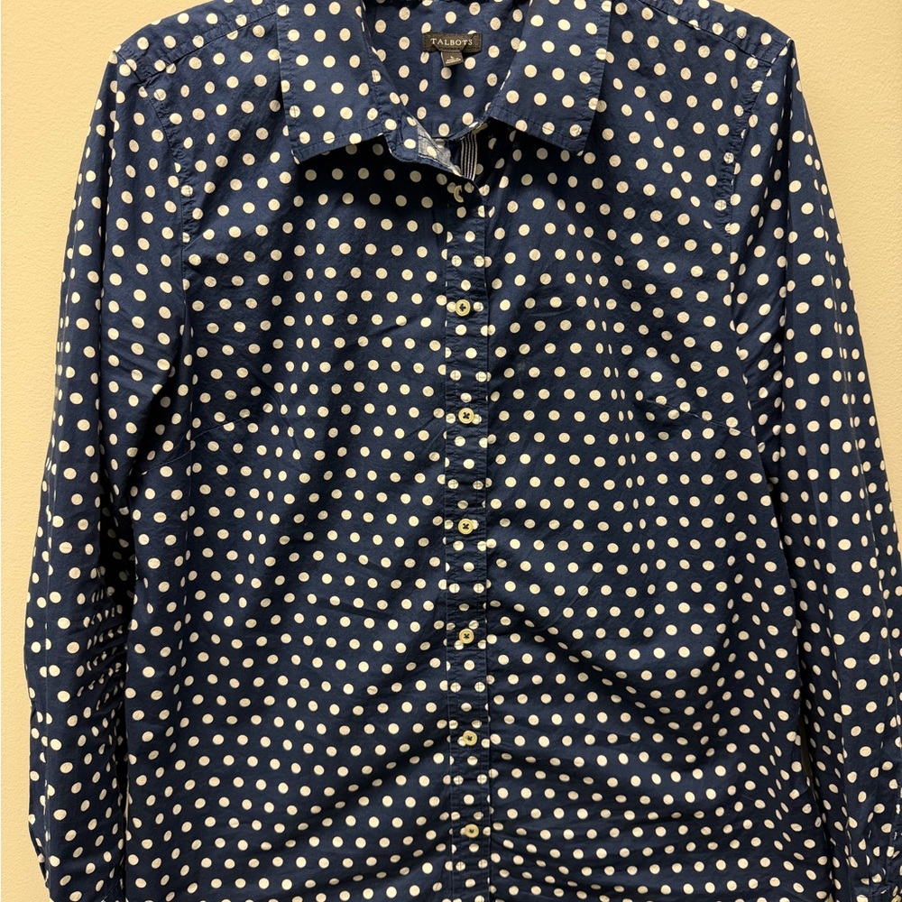 Talbots Navy and White Polka Dot Button-Down Shirt size L